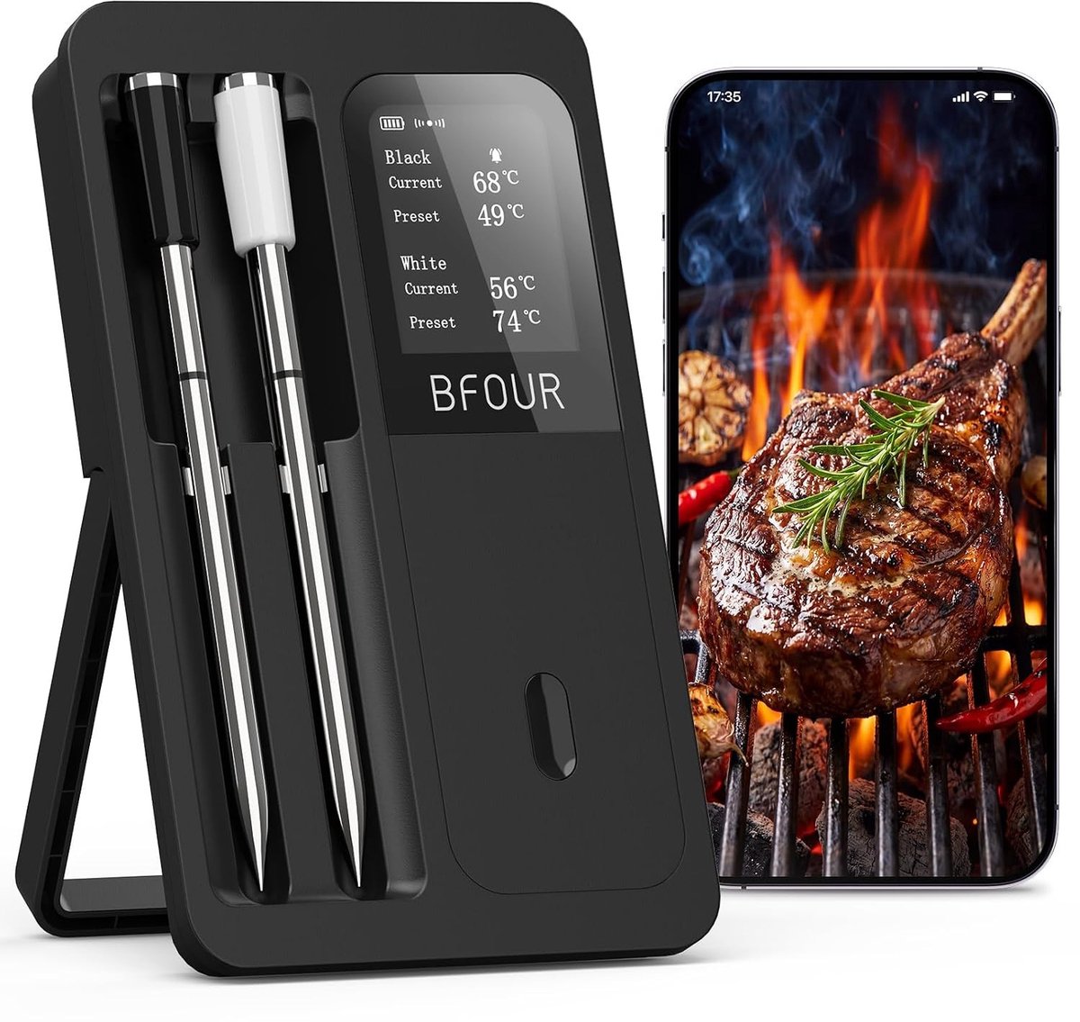 Draadloze vleesthermometer - Zwart - Met 2 sondes en app - Voor nauwkeurige temperatuurmeting bij grillen en bakken