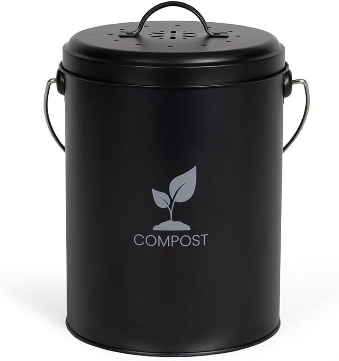 Compostemmer 5 liter - Zwart - Ø 18 x 23 cm - Metalen Keukencompostbak met Houtskoolfilter - Voor Huishoudelijk Gebruik