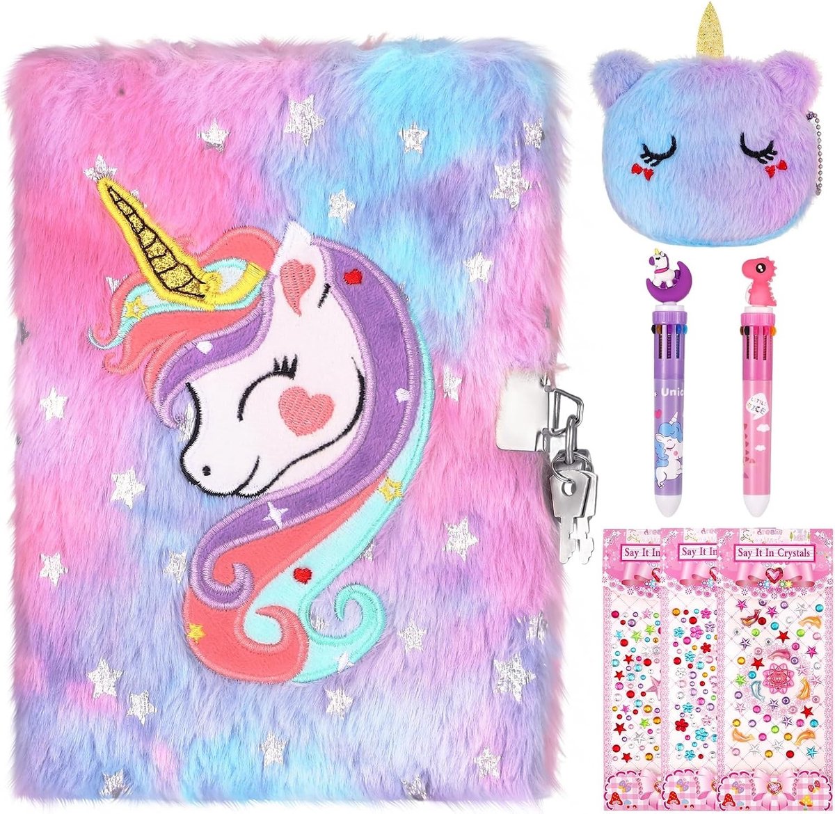 Dagboek met slot - Multicolor - 7-delige eenhoorn schrijfwaren set - Pluche notitieboek voor meisjes 4-8 jaar