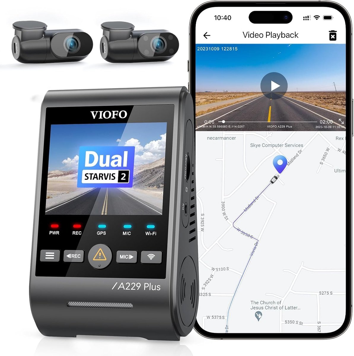 Dashcam voor auto - Zwart - 3-kanaals 2K + 2K + 1080p - Dual STARVIS 2 Sensoren met HDR en GPS - Met Spraakbesturing en Nachtzicht