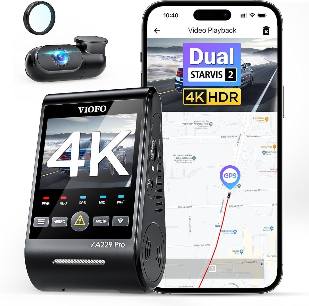 Dashcam voor auto - Zwart - 4K voor en 2K achter - Dual STARVIS 2 Sensoren met GPS en Spraakbesturing - Met Nachtzicht en Wi-Fi