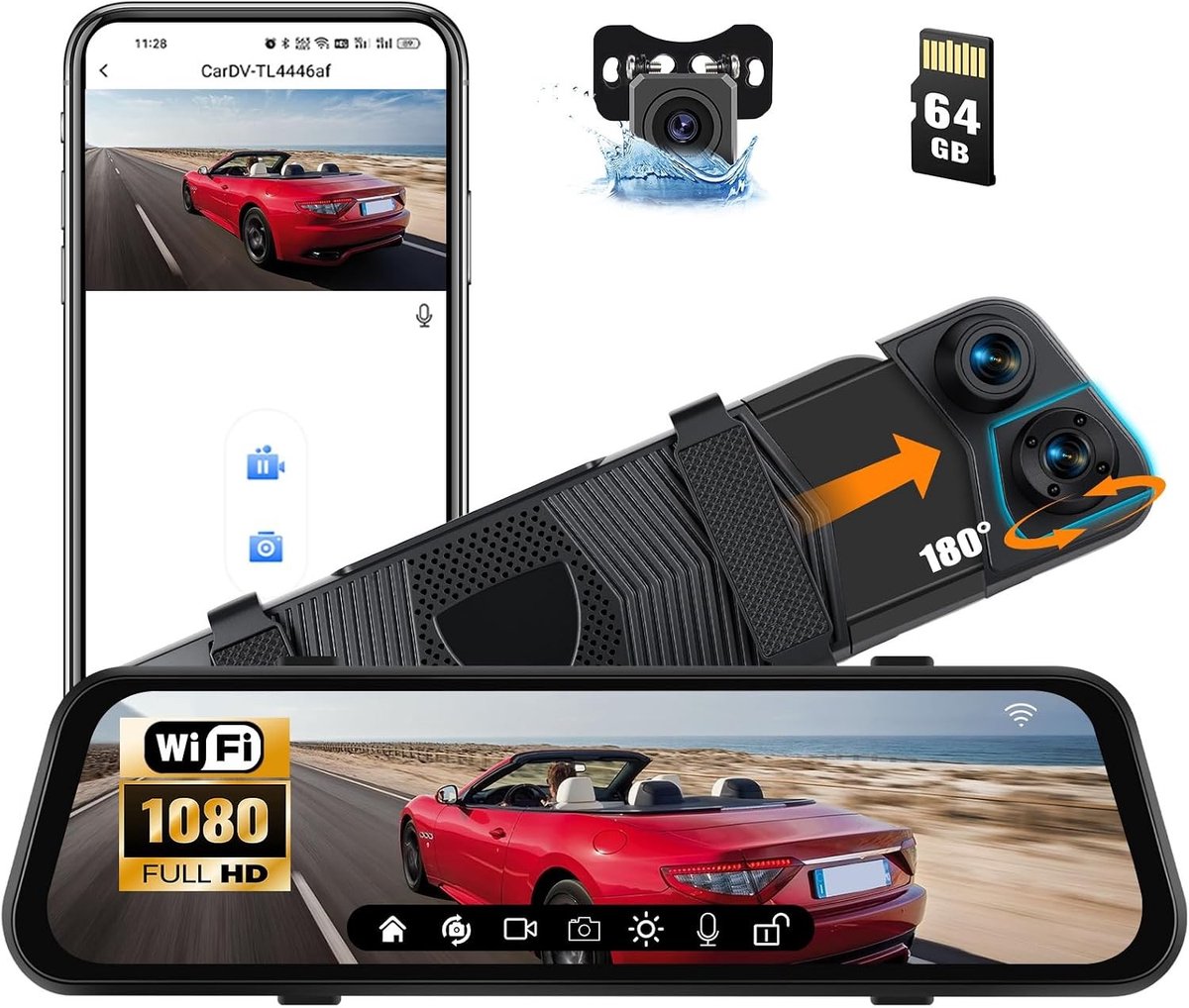 Dashcam voor auto - Zwart - 9,66 inch - IPS Touchscreen met 3 Camera's en Nachtzicht - Voor Veilig Parkeren en 24-uurs Bewaking