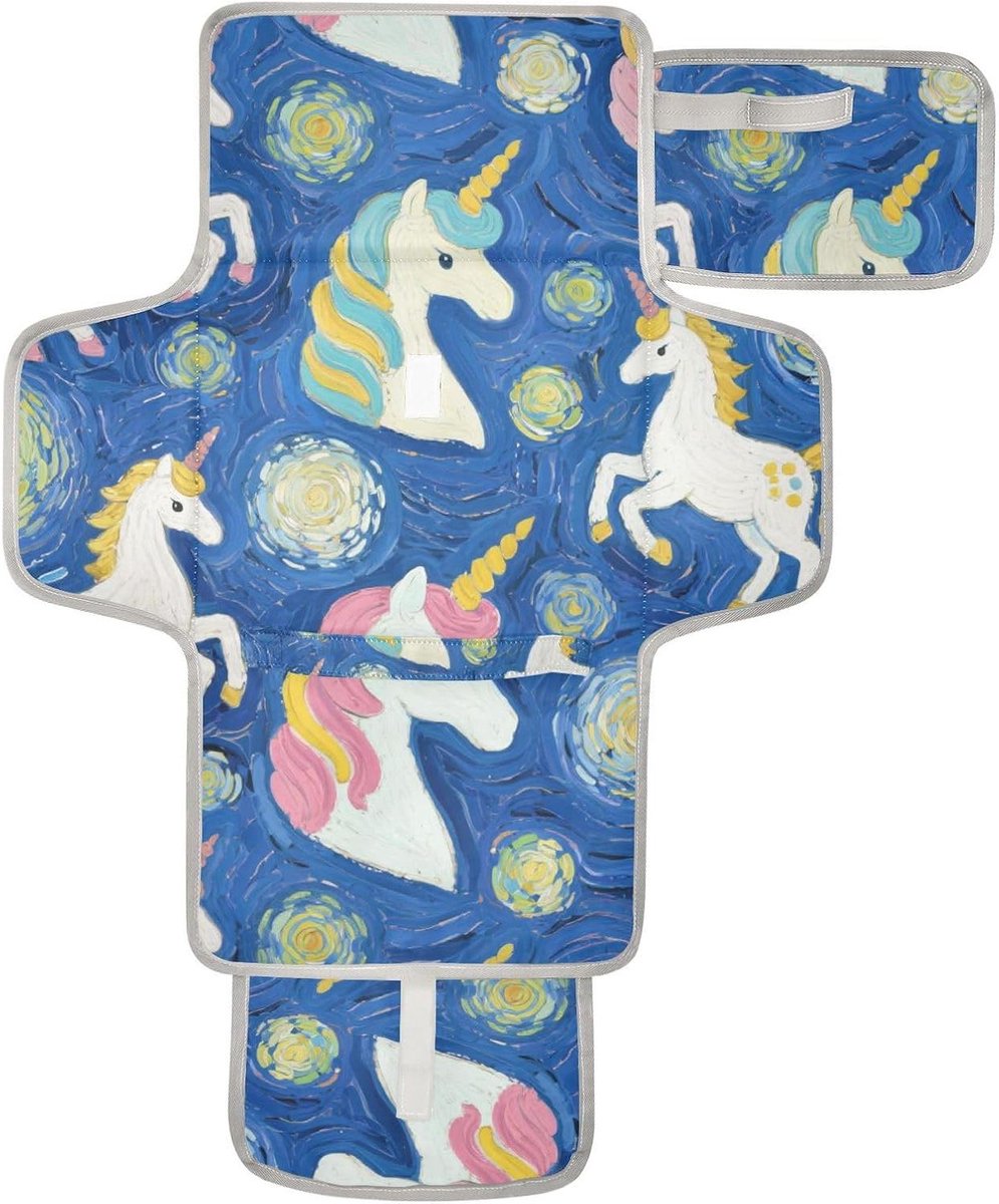 Aankleedkussen Baby - Luierwisselmat Draagbaar - Babyverzorging Onderweg - Met Ingebouwd Kussen - 62 x 30 cm - Unicorn Blauw