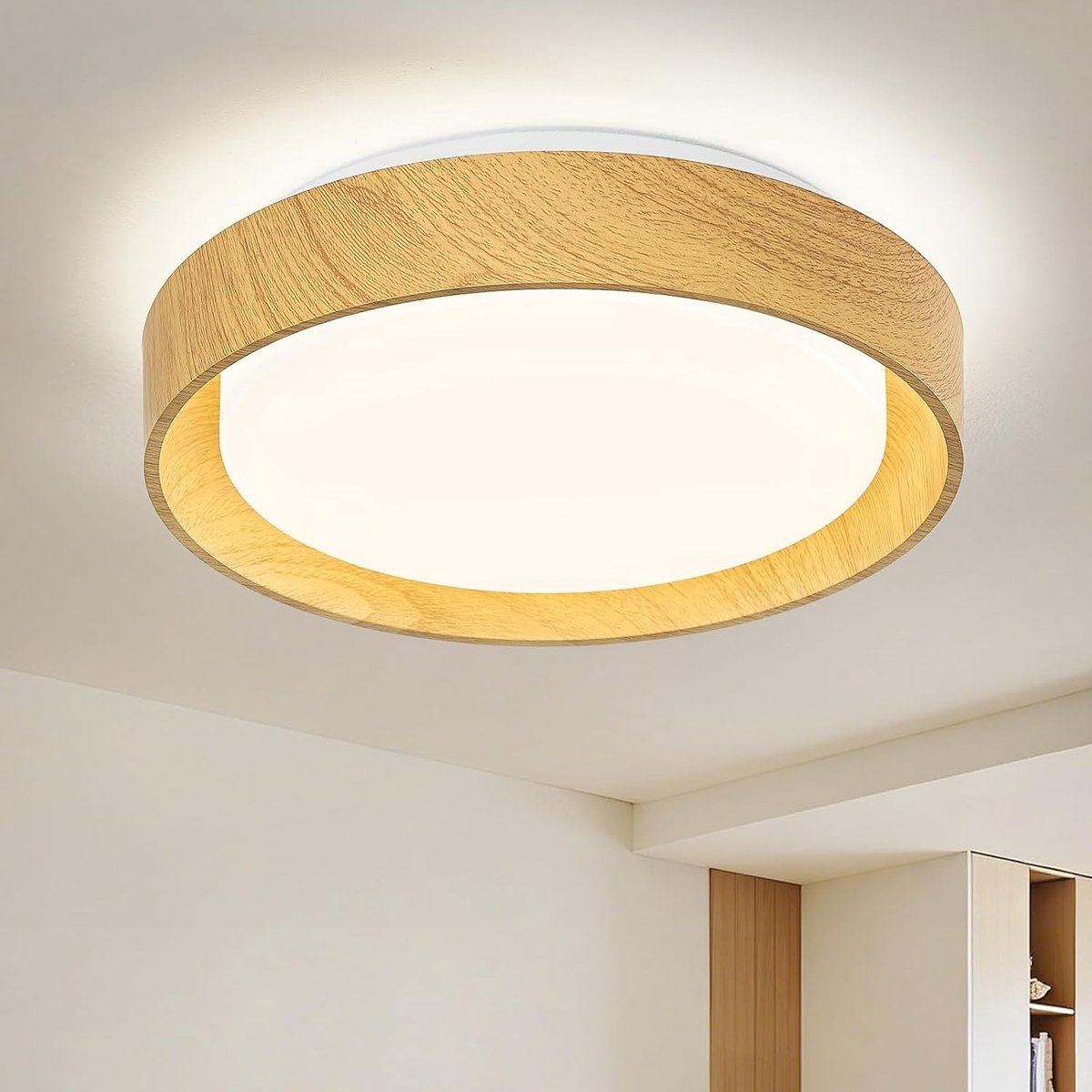 LED Plafondlamp - Houtlook - 28 cm - Metalen Lamp met 4000K Licht - Voor Keuken, Eetkamer en Slaapkamer