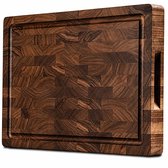 Professionele snijplank van Amerikaans walnoot hout met kopshoutpatroon, sapgeul en handvaten.