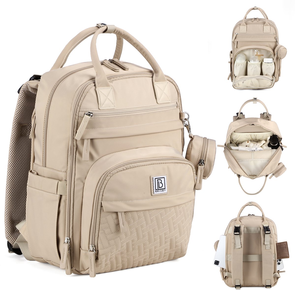 Brisby Premium Luiertas – Uitgebreide en Functionele Verzorgingstas – met buggymontage – Anti Diefstal Vakken - Reistrolley Sleeve - Inclusief verschoonmatje t.w.v.15,99 euro en speenhouder - Levenslange Garantie - Natural Champagne