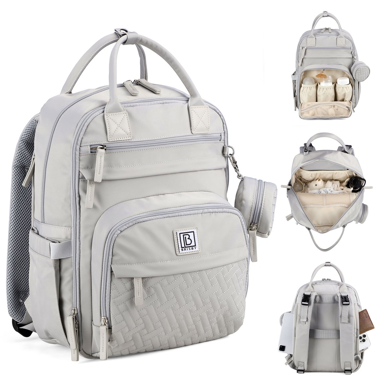 Brisby Premium Luiertas – Uitgebreide en Functionele Verzorgingstas – met buggymontage – Anti Diefstal Vakken - Reistrolley Sleeve - Inclusief verschoonmatje t.w.v.15,99 euro en speenhouder - Levenslange Garantie -Modern Grey