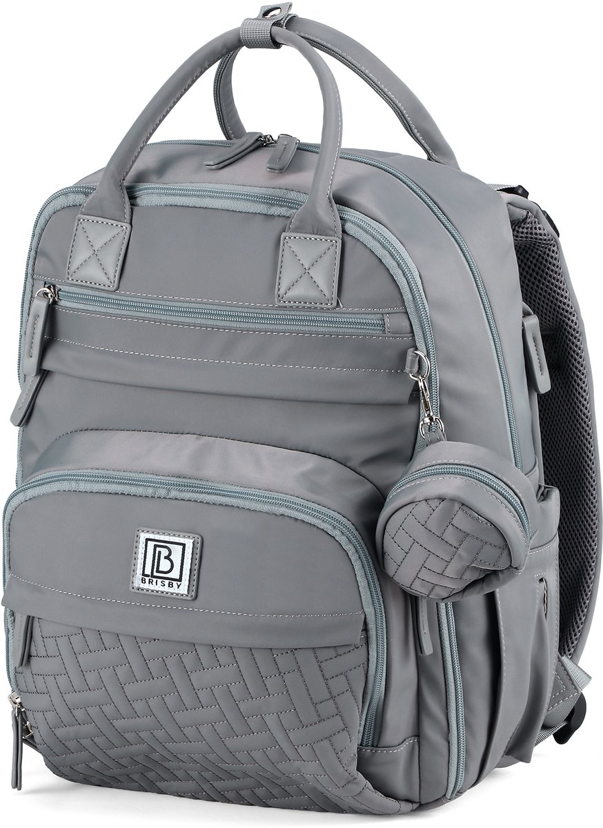 Brisby Premium Luiertas – Uitgebreide en Functionele Verzorgingstas – met buggymontage – Anti Diefstal Vakken - Reistrolley Sleeve - Inclusief verschoonmatje t.w.v.15,99 euro en speenhouder - Levenslange Garantie - Misty Grey