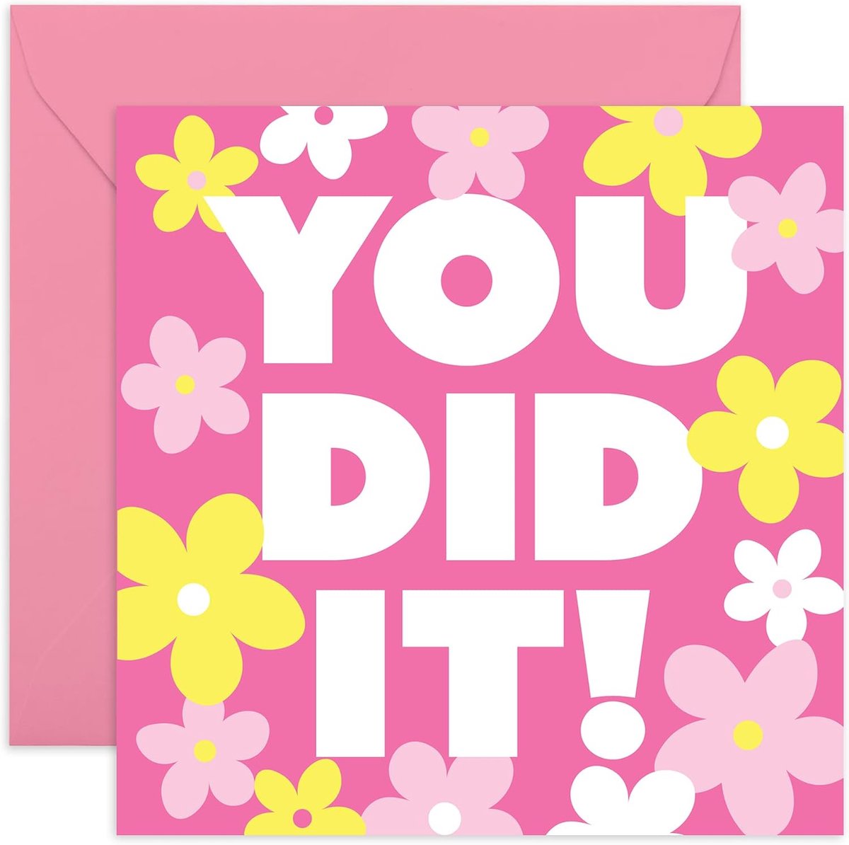 Gefeliciteerd 'You Did It!' kaart - helder en vrolijk bloemenontwerp voor afstuderen - prestaties of vieringen - cadeaus voor vrienden - familie of collega's - blanco binnenkant met roze envelop
