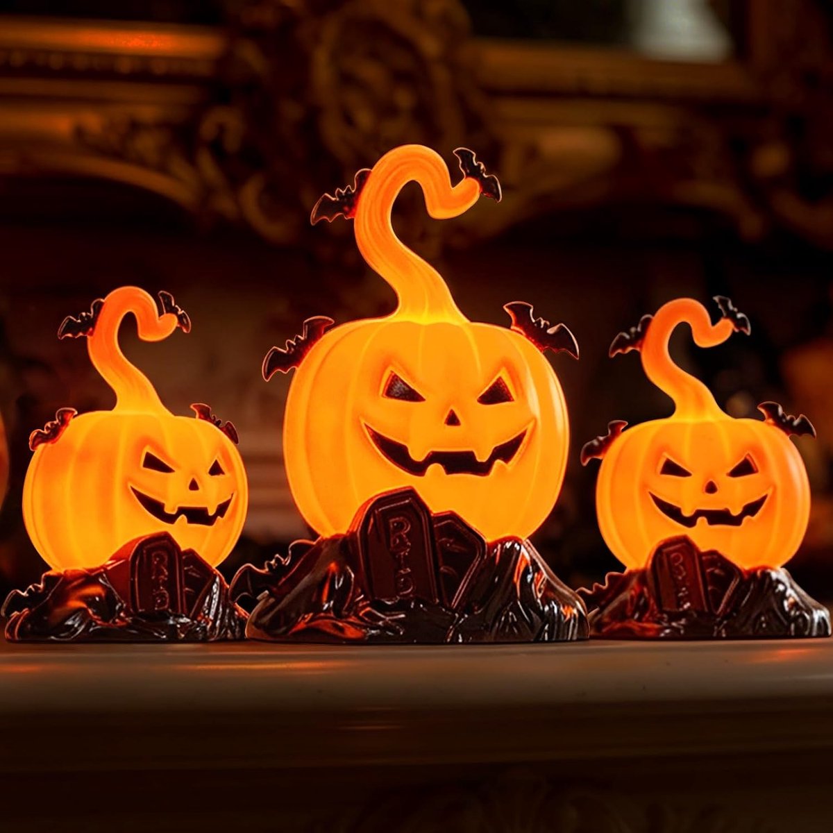 Halloween Pompoen Decoratie Set - LED Lantaarns - Binnen en Buiten - Vlamloos en Veilig - Oranje - 3 stuks