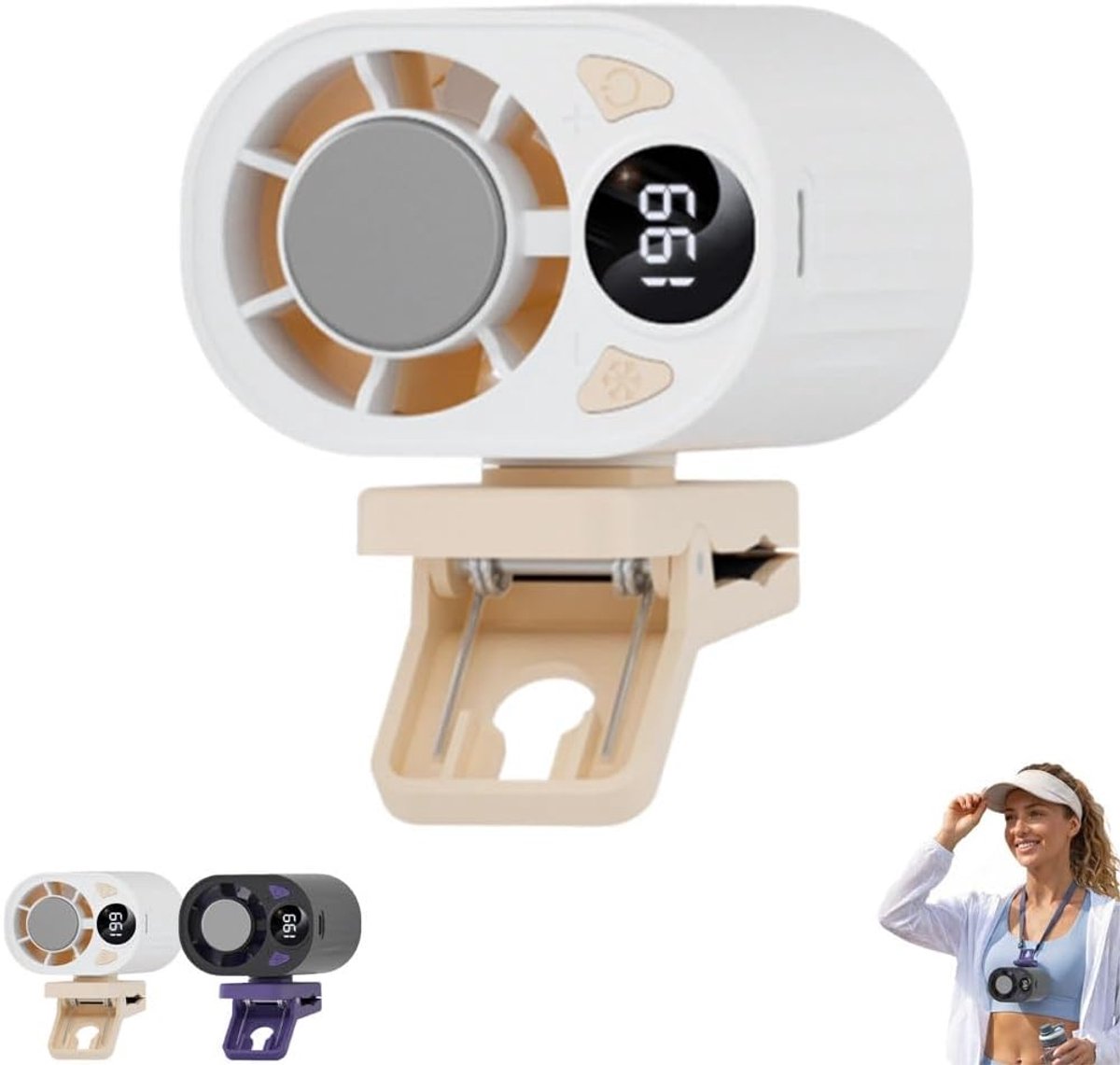 Klemventilator voor Auto met USB-Opladen en LED-Display - 360° Rotatie en 199 Snelheden - voor Werk en Onderweg - 1 Stuk (Wit)