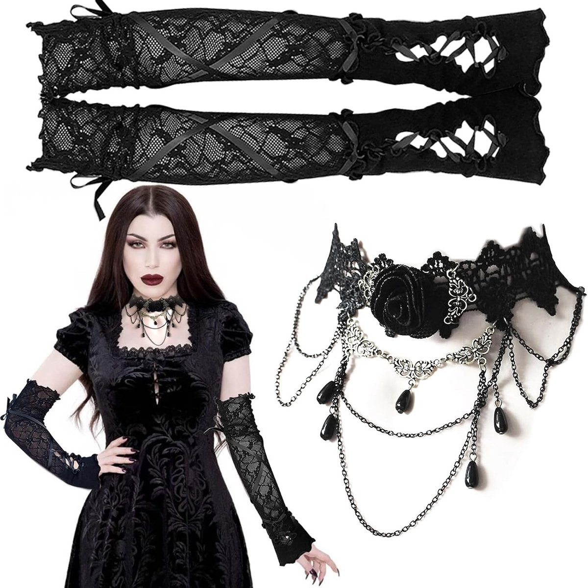 Elegante Lange Kanten Handschoenen voor Vrouwen en Meisjes - Vingerloze Elbow Length Vintage Mesh Handschoenen met Gothic Tattoo Chokers en Rozenmotief