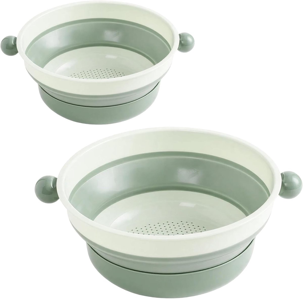 Bobypet - 2 Stuks Opvouwbare Vergiet Set - Inklapbare Zeef met Handvat en Opvangbasis - Ruimtebesparende Kunststof Keuken Afdruipmand voor Fruit en Groenten - Vergiet - Voor thuis en kampeergebruik - Groen