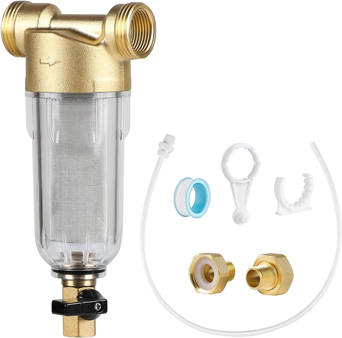 Filtratie Spin-Down Waterfilter voor Sediment 40 Micron Herbruikbare Pre-Filter met Adapters, Ideaal voor Water Slangen en Kranen, Inclusief Messing Pre-Filter (1/2 inch)