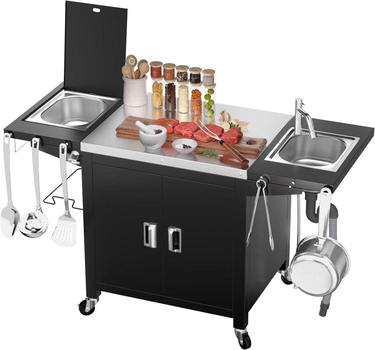 Buitenkeuken Grillwagen - Keukenwagen Buiten - Buiten Koken - Met Spoelbak - 155 x 63 x 89 cm - Zwart
