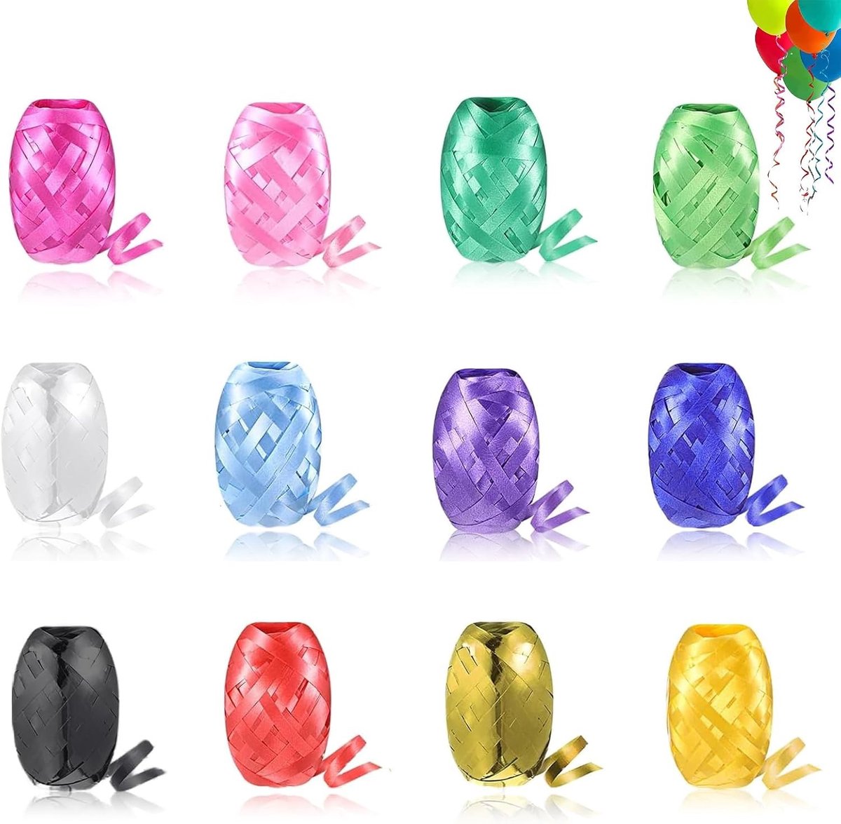 Set van 12 Kleurige Krullint Rollen voor Cadeauverpakking, Bruiloft Decoraties en Ballonnen - 5mm x 10m per Rol