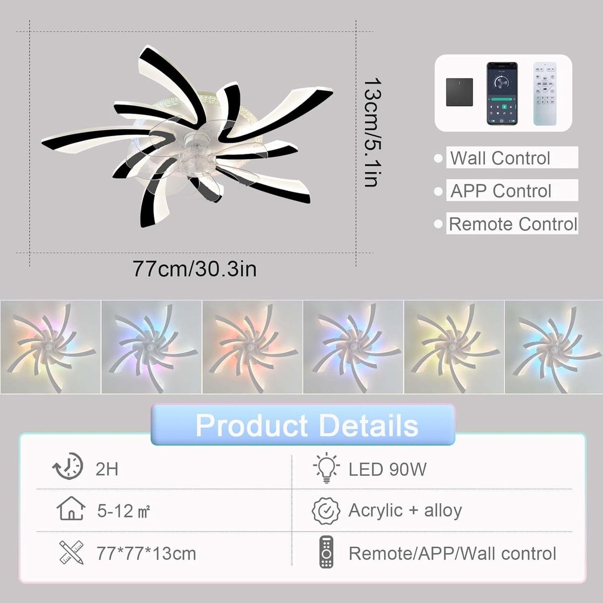 Plafondventilator met verlichting - Zwart - 77 x 77 x 13 cm - Dimbare LED Ventilatorlamp met Afstandsbediening - Voor Woonkamer en Slaapkamer