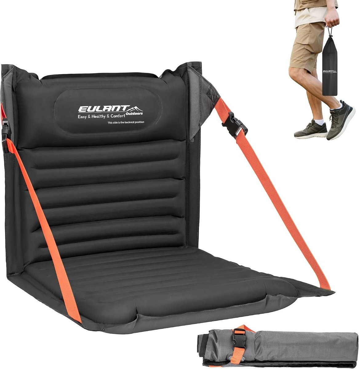 Strandmat met rugleuning - Zwart - 78,5 x 44,5 cm - Opblaasbare Vloerstoel met Rugondersteuning - Voor Outdoor Activiteiten