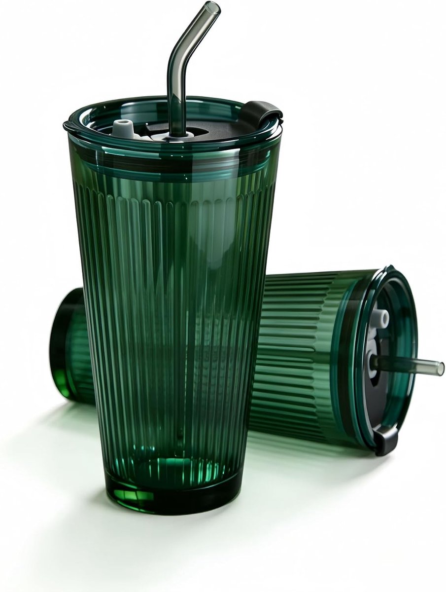 Ijskoffie glazen - Groen - 480 ml - Glazen beker met rietje en deksel - Voor dagelijks gebruik