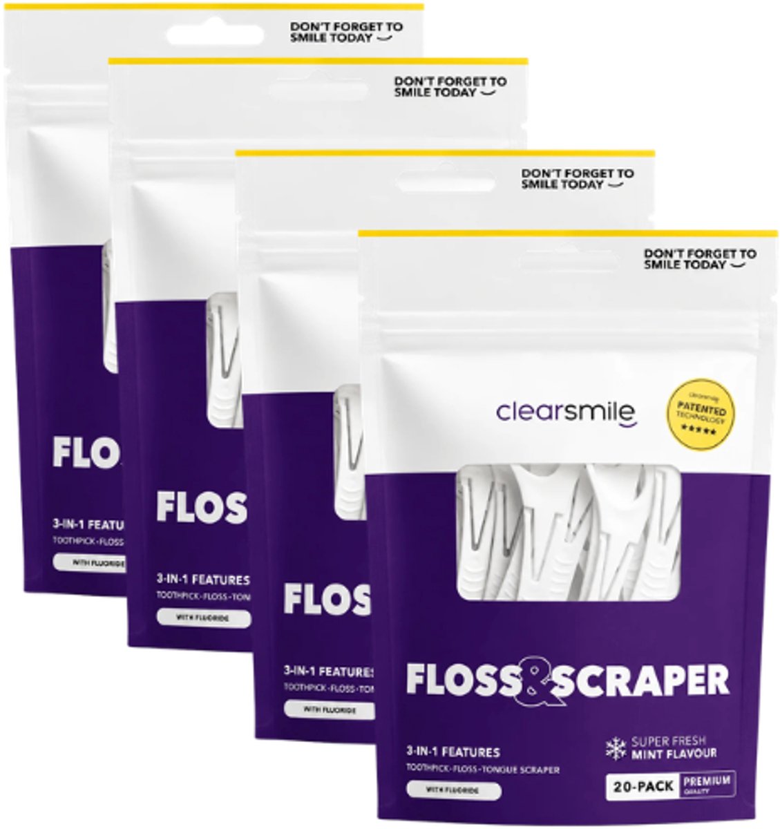 4x Clearsmile 3 in 1 Floss & Scraper Mint – 20 stuks – Flossen & Tongreiniging