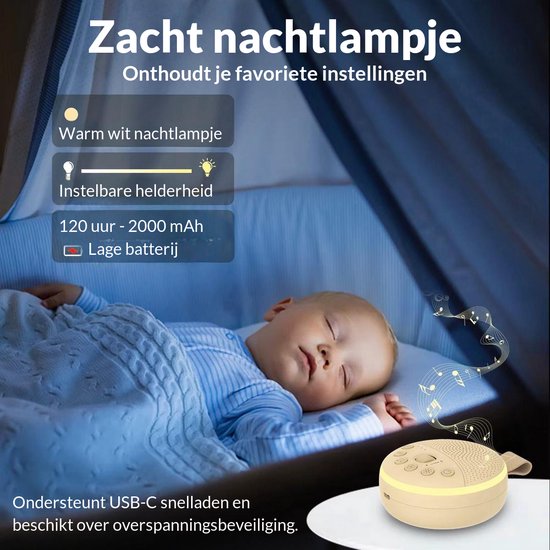 Nexeli NX-KC-28 White Noise Machine Baby met Nachtlamp & Draaglus - 21 Kalmerende Geluiden - Draadloos Oplaadbaar - Wit van Nexeli Nx — afbeelding 3