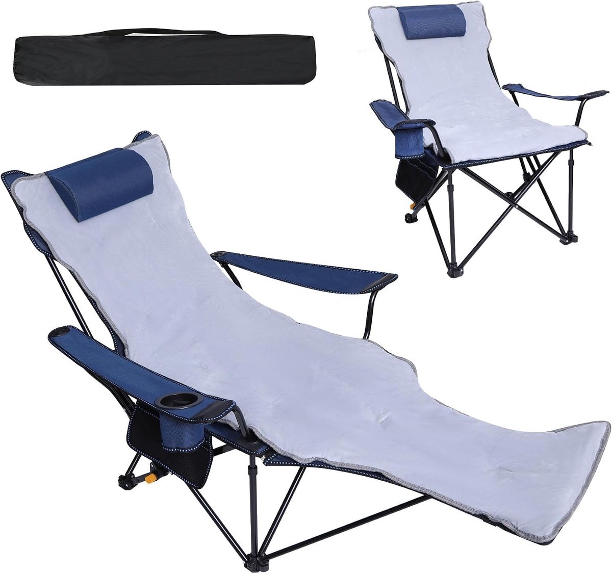 Campingstoel kind - Grijs - 90 cm - Opvouwbare Stalen Frame Ligstoel met Voetensteun en Bekerhouder - Voor Outdoor Gebruik
