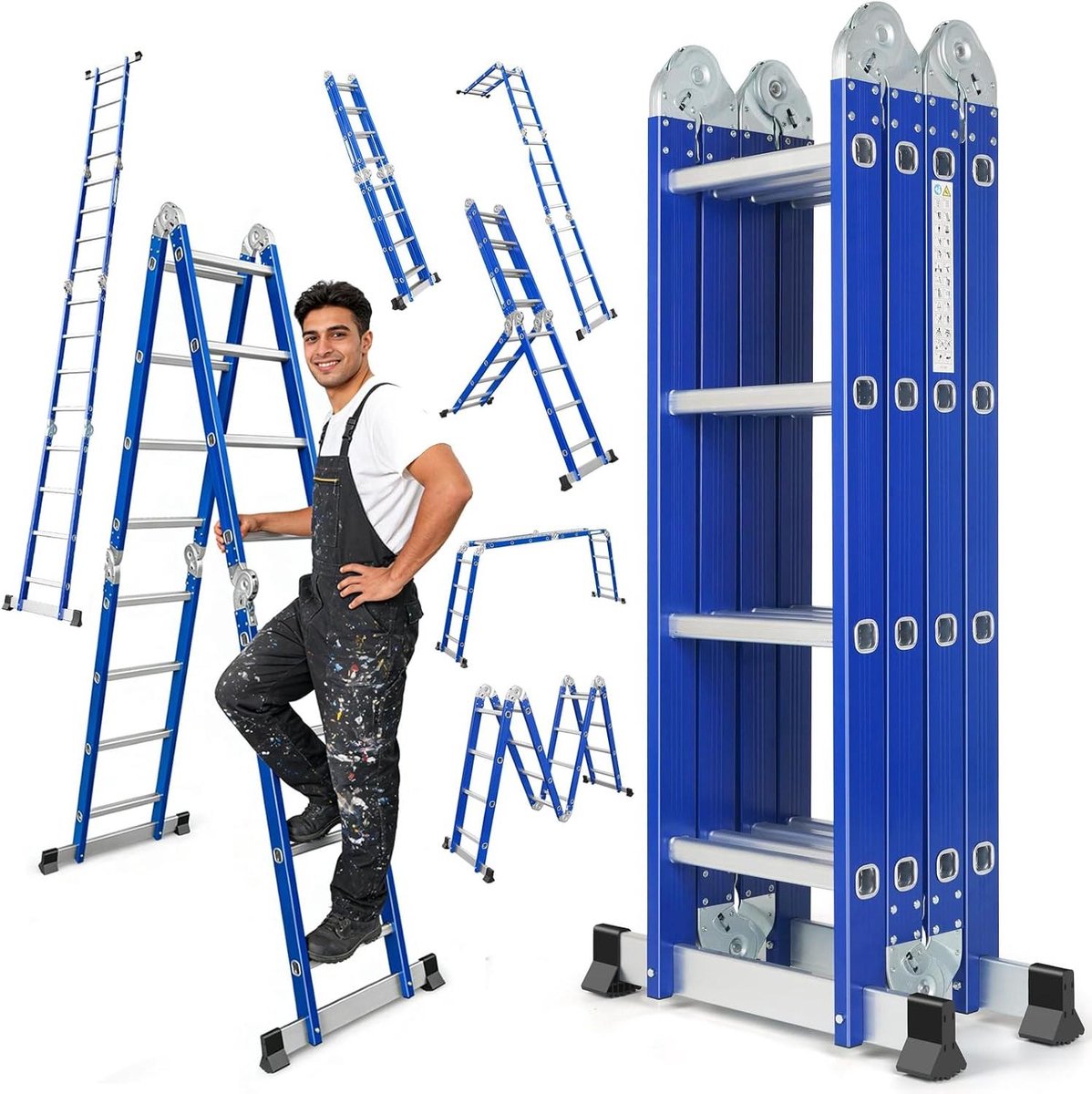Multifunctionele Ladder - Vouwladder Scharnierladder - Huishoudelijke Klussen - Zeer Sterke Aluminiumlegering - 464 Centimeter - Blauw