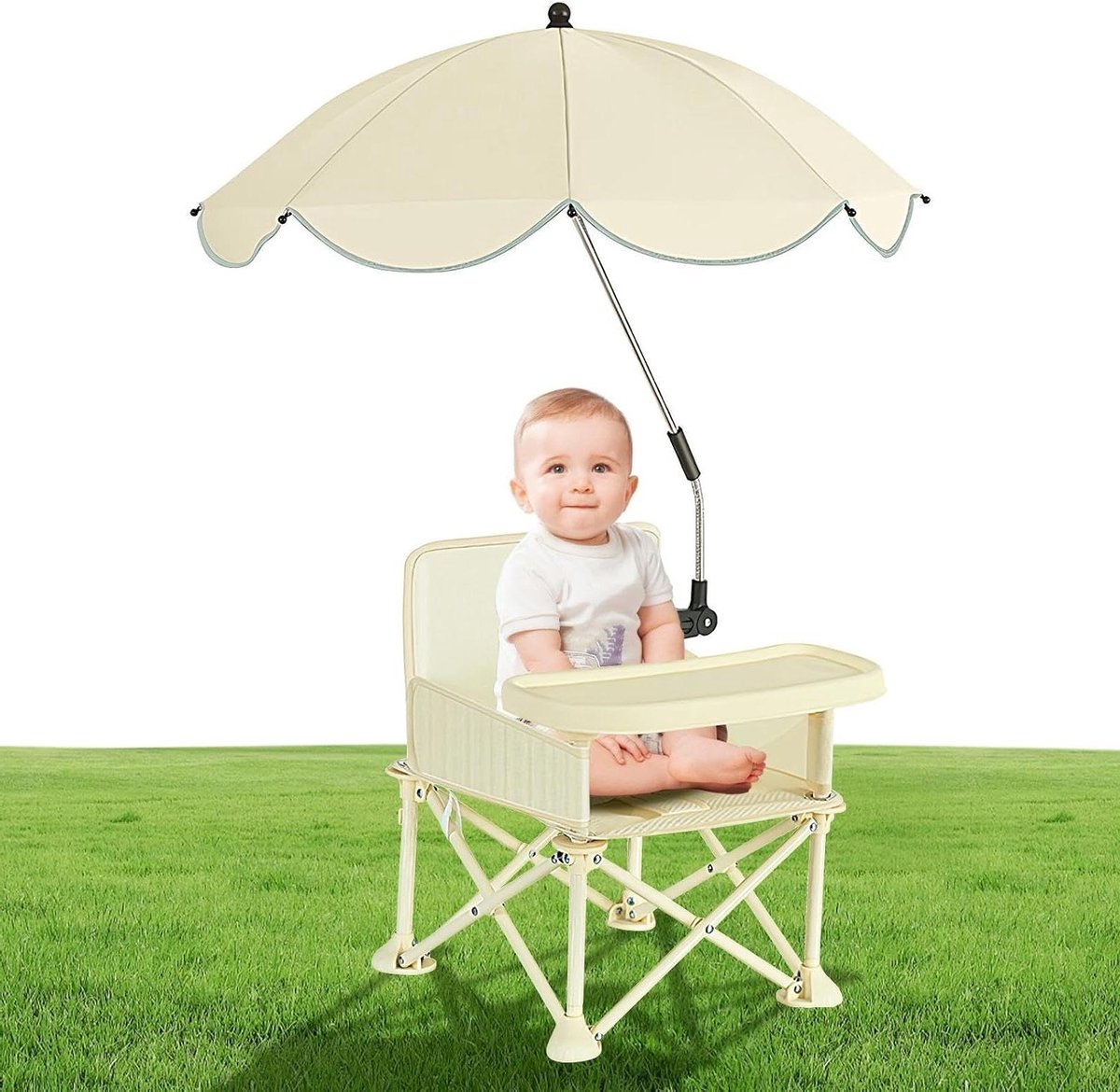 Opklapbare stoelverhoger - Reisstoel baby - Veilig eten buiten - Met parasol en dienblad - 225 kg - Beige