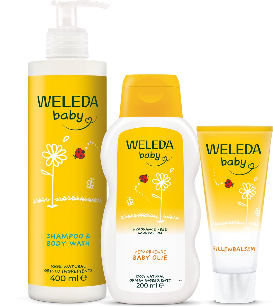 WELEDA Baby Verzorging Voordeelbundel – Musthaves voor de Dagelijkse Babyverzorging - Calendula Babyshampoo & Body Wash 400ML, Calendula Billenbalsem 75ML & Calendula Verzorgende Babyolie - Verzorgen, Verzachten & Beschermen van de Kwetsbare Babyhuid