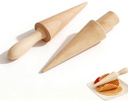 Houten Ijshoornvorm - Wafelrol Pizzelle - Zelfgemaakte Ijswafels Maken - Natuurlijk Antibacterieel Beukenhout - 2 Stuks - Natuurlijke Kleur