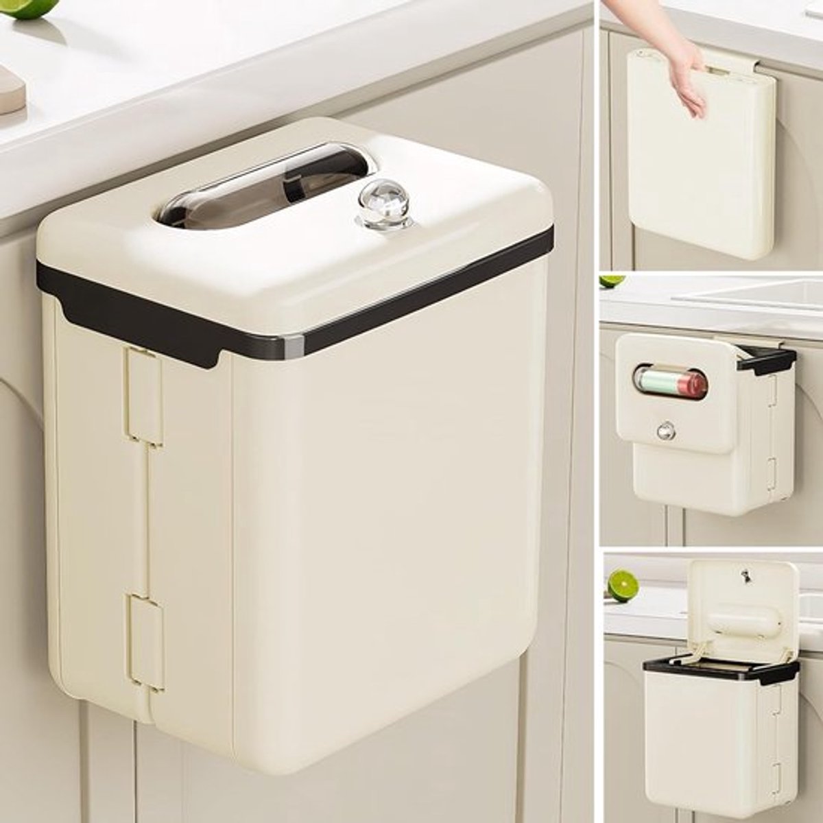 Beige Wandafvalbak met Deksel en Opbergcompartiment - Vouwbare Keukenafvalbak voor Compost en Biologisch Afval, Geschikt voor Keuken, Badkamer en Caravan