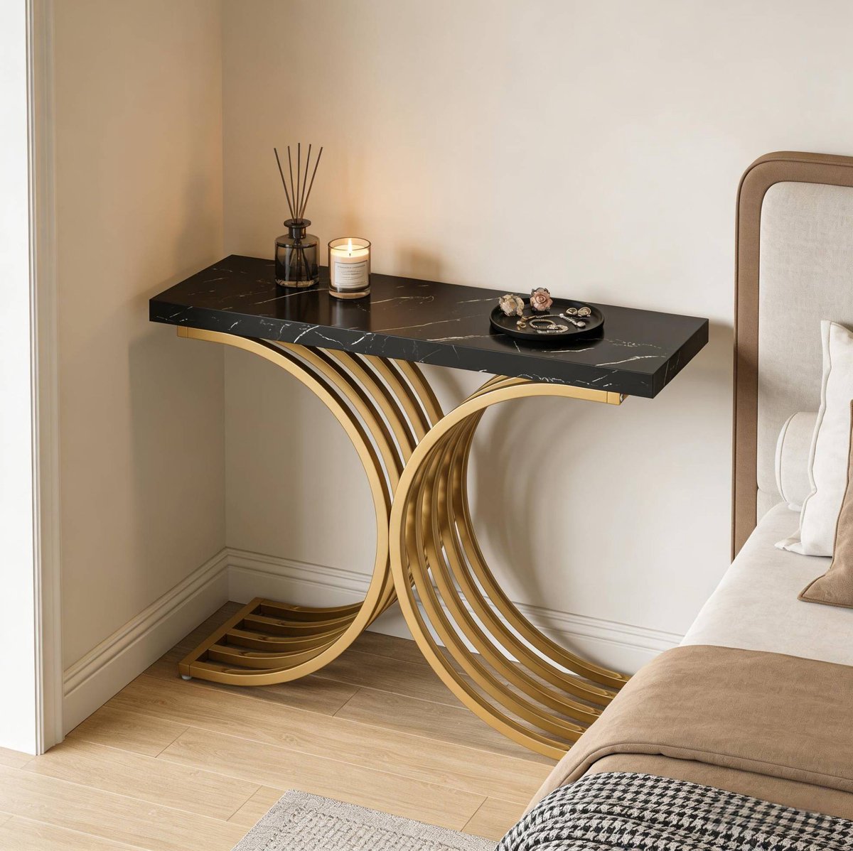 COVREO Sidetable 100x30x80 cm zwart goud, marmerlook en metalen frame