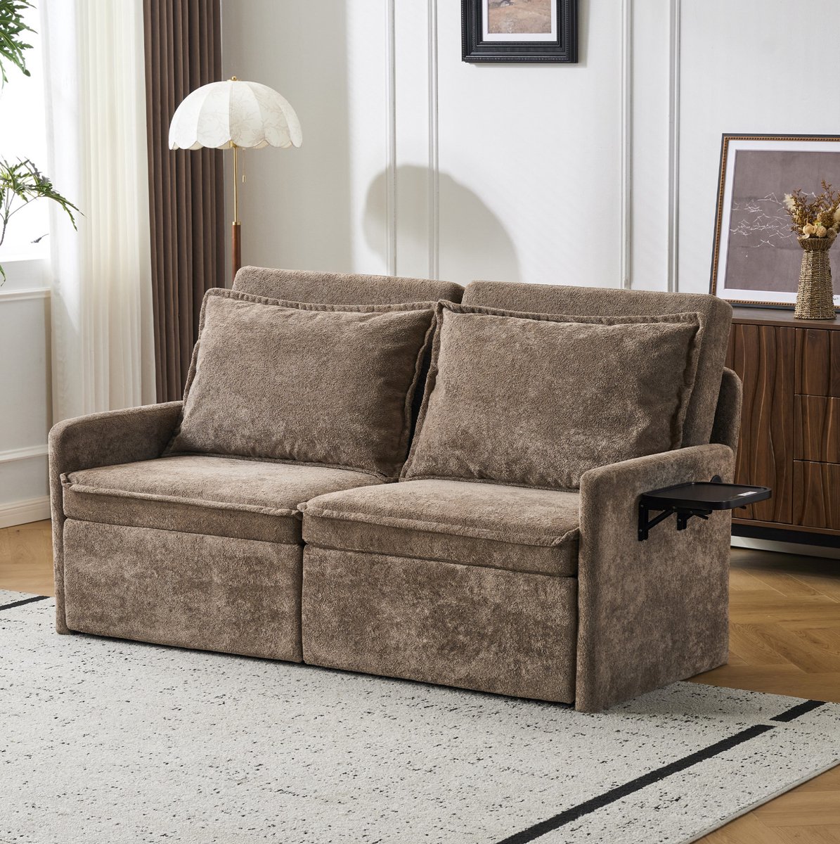 COVREO Slaapbank 172,5 x 95 cm bruin chenille, 2-zits met USB en opbergruimte Brown