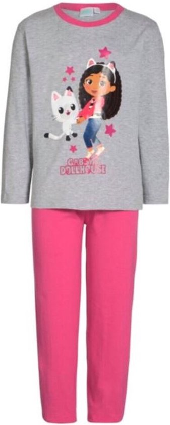 Grijze pyjamaset met lange mouwen en roze broek. Op de voorkant staat een print van Gabby en haar kat uit Gabby's Dollhouse.
