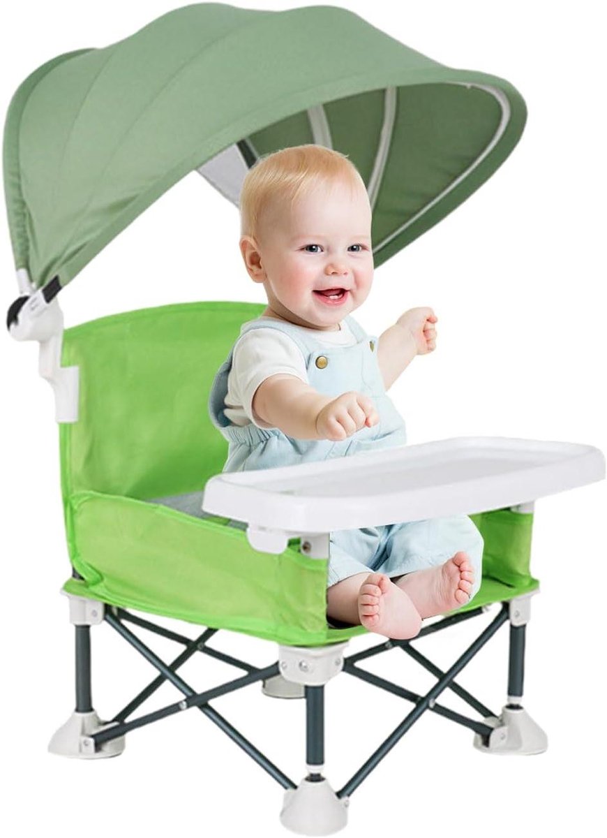 Baby Eetstoel Opvouwbaar - Peuter Reisstoel - Buiten Eten - Met Verwijderbaar Dienblad - 39x18x39 cm - Groen