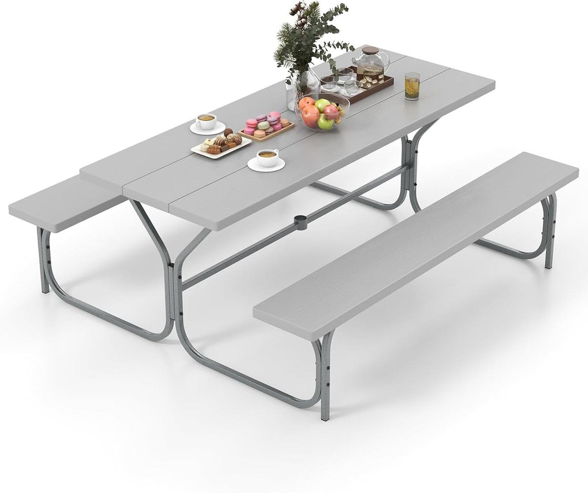Picknicktafel met Banken - Bierbank Set Outdoor - Buiten Eten - Met Parasolgat - 183 cm Lang - Grijs