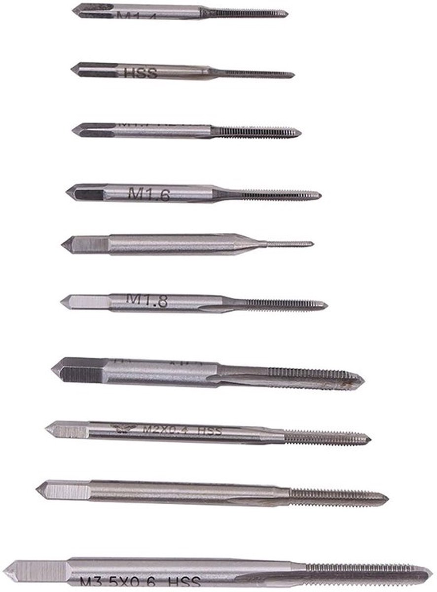 Kranen Set van 10 - Mini Machine Handtap - M1/M1.2/M1.4/M1.6/M1.7/M1.8/M2/M2.5/M3/M3.5 - Sneldraaistaal - Duurzaam en Roestbestendig - Schroefdraad