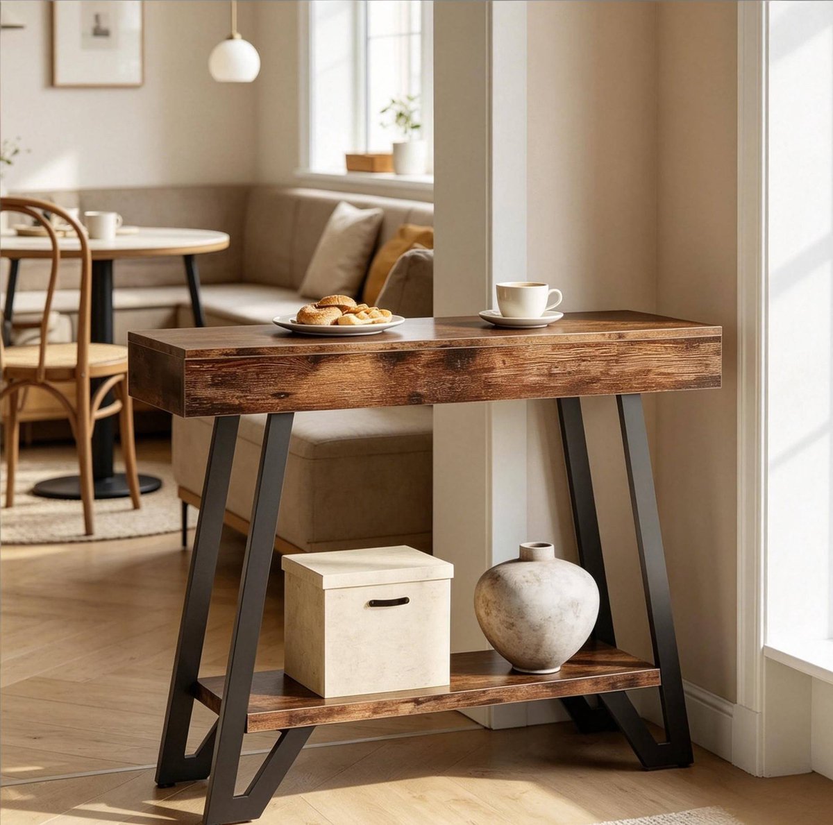 Wishdor Sidetable - Rechthoekig - 2 lagen - Vintage-industrieel - Zwart en rustic brown - MDF en metaal - 103 x 30 x 80 cm