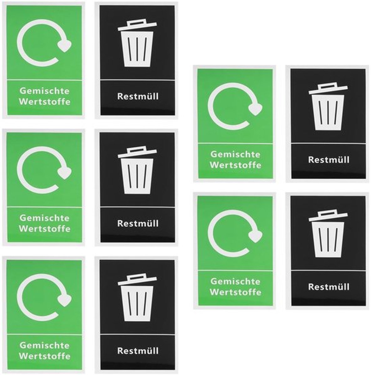 Recyclingbakken stickers 10 stuks - Zelfklevend - Waterdicht - Algemene afvalstickers - Gemengde recycling - 150 x 100 mm