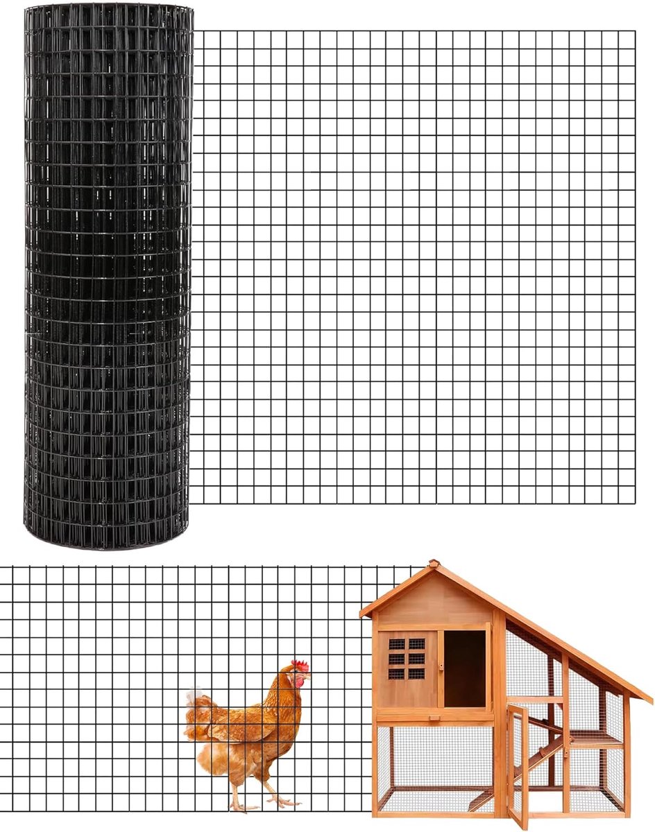 Zwart Kippengaas – Rol 15m x 0,9m – Maaswijdte 12mm – Verzinkt Staal met Zwarte Coating – 19GA Gelast Draadgaas voor Kippenren, Konijnenhok, Moestuin en Tuinafzetting