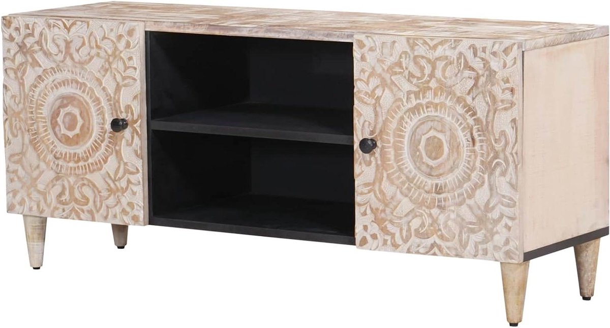 TV-kast - Mediameubel Dressoir - Woonkamer Organisatie - Massief Mangohout - 105 x 335 x 46 cm - Wit
