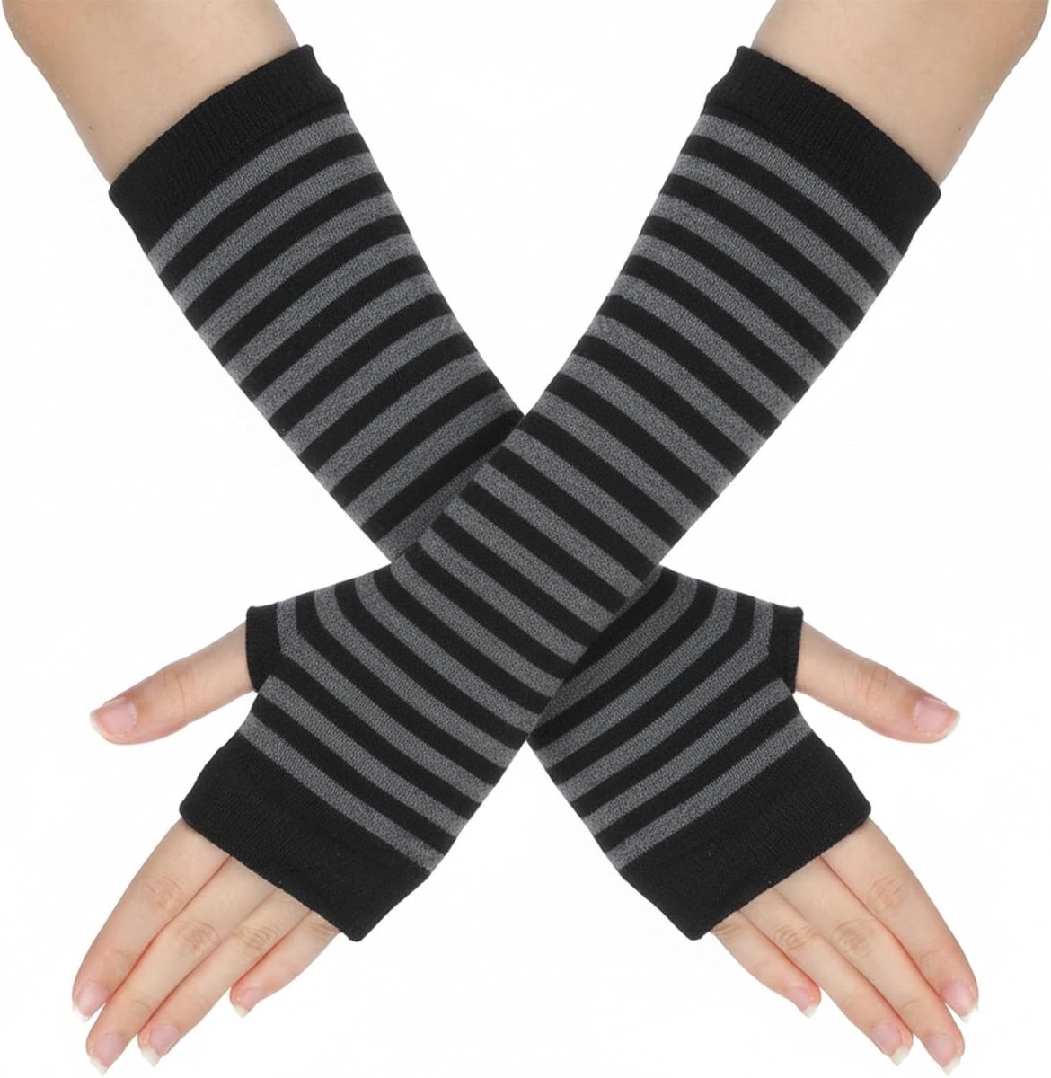 Dunne Vingerloze Handschoenen voor Dames, Gebreide Armwarmers met Duimopening, Ideaal voor Herfst en Winter, Streepdessin en Comfortabel Design
