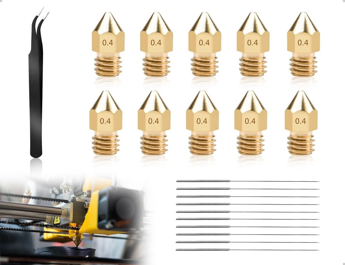 Set van 10 spuitmonden voor 3D-printers, messing mondstukken voor MK8 extruder met reinigingsnaald en pincet, geschikt voor diverse 3D-printers en automotive toepassingen