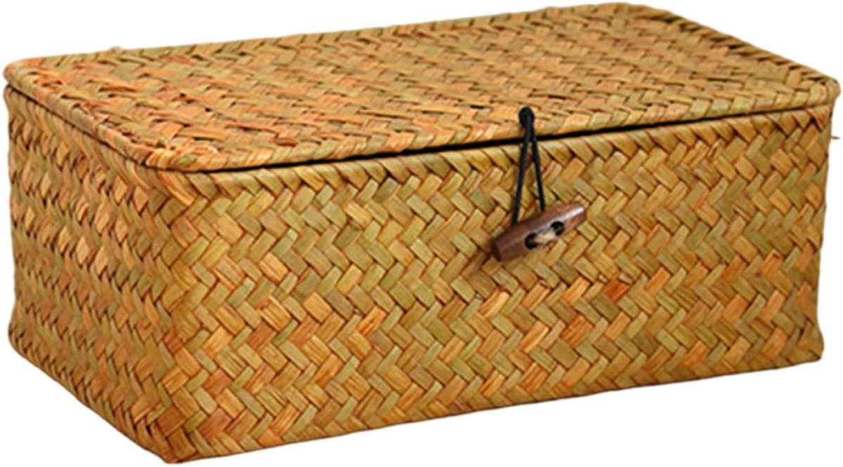 Rieten mand deksel - Geweven opberger - Ruimte organiseren - Natuurlijke textuur - 23 x 13 x 9 cm - Natuurlijk