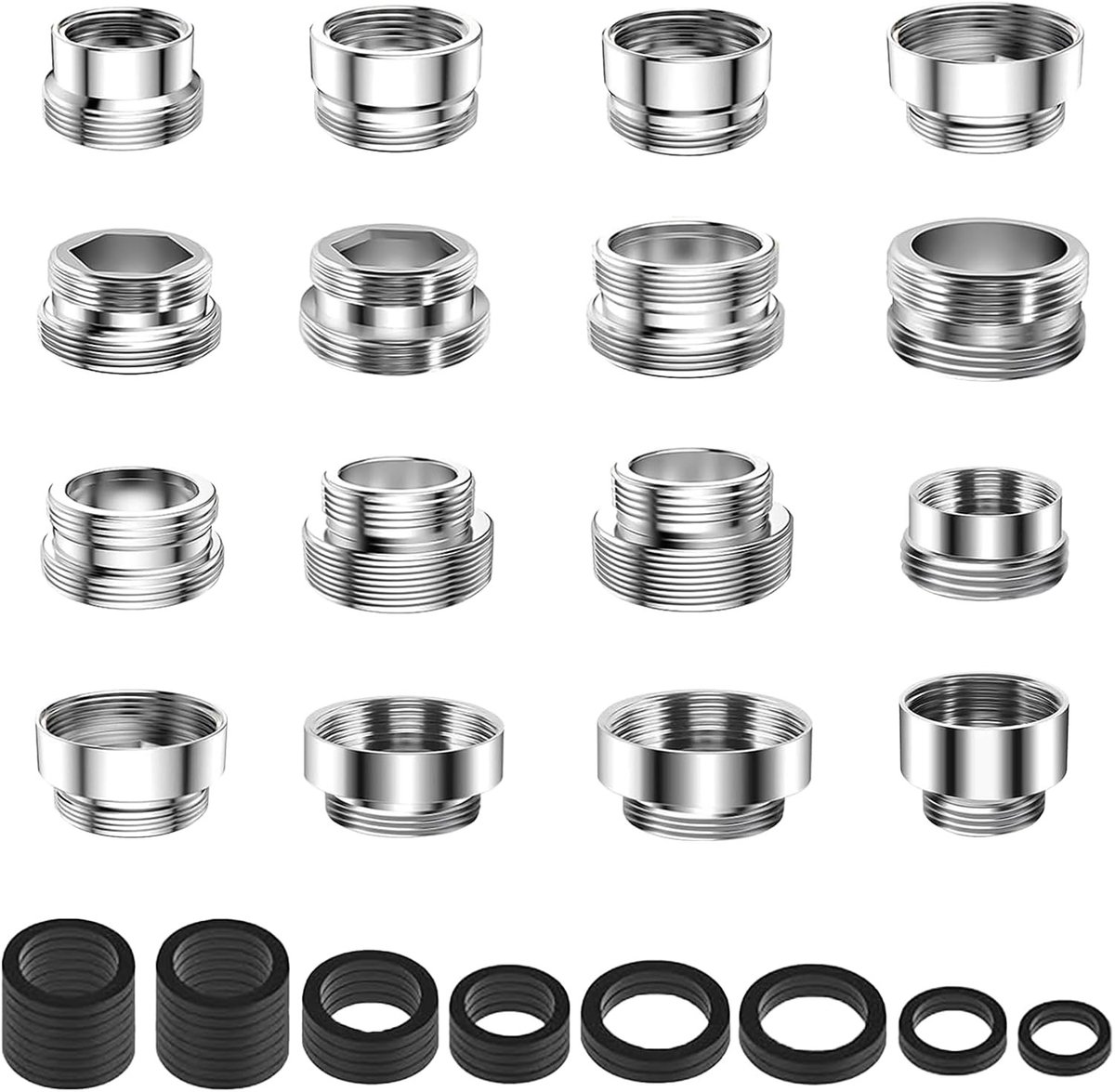 Kraanadapters met Afdichtingen - Kraanbeluchter Aansluiting - Waterfilter Aansluiten - Hoogwaardig Koper - 16 stuks - Zilver