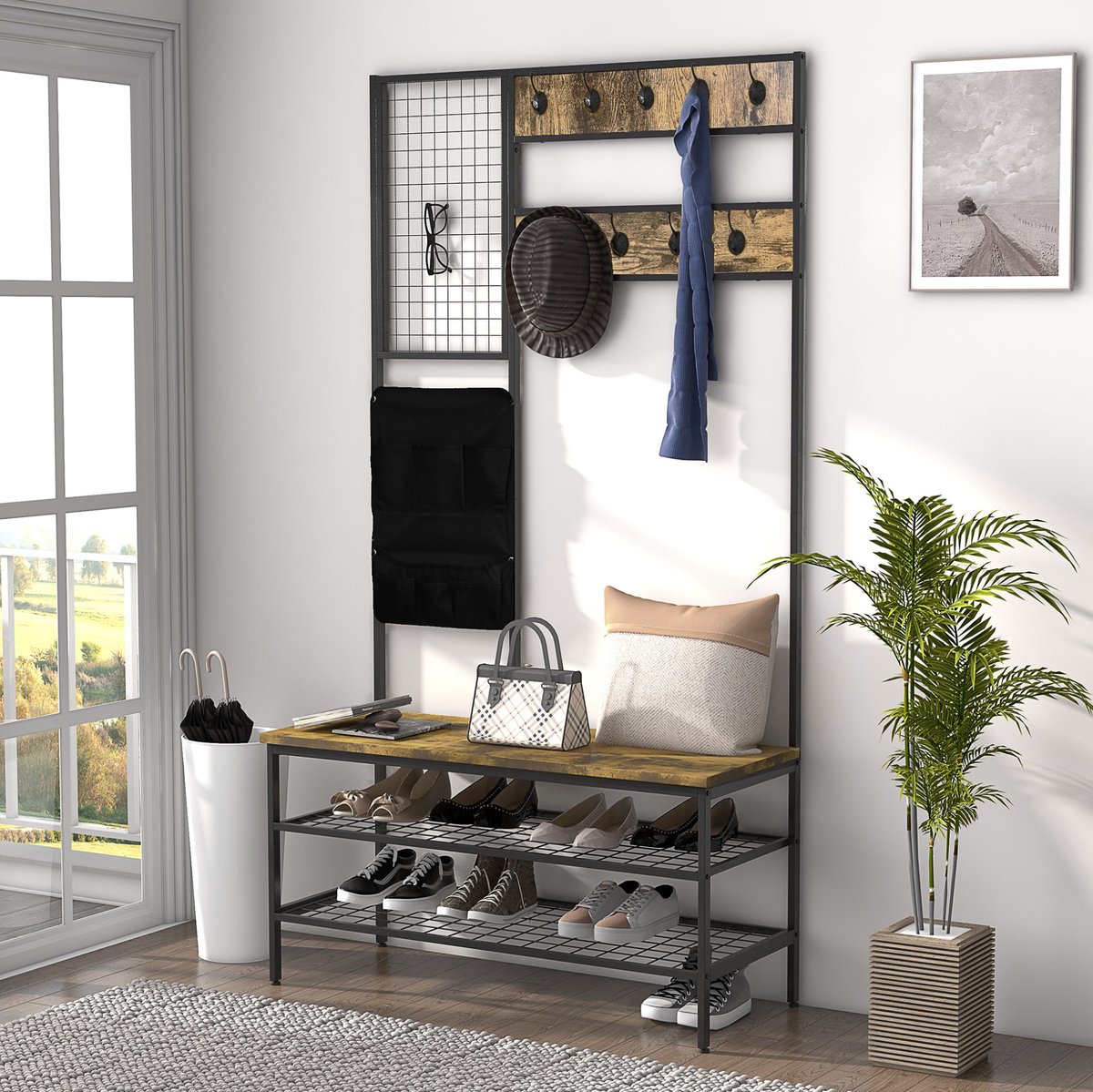 COVREO Kledingrek 100x40x185 cm bruin, met bank en schoenenrek