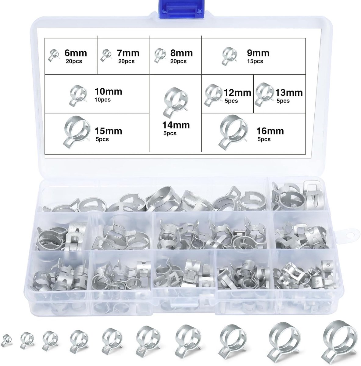 SnelShoppen - 110pcs Slangklemmen Set - 10 Maten Metalen Brandstofslang Klemmen Clips - Voor Waterleiding, Luchtuitlaat, Siliconen Vacuüm Klem, 6-15mm