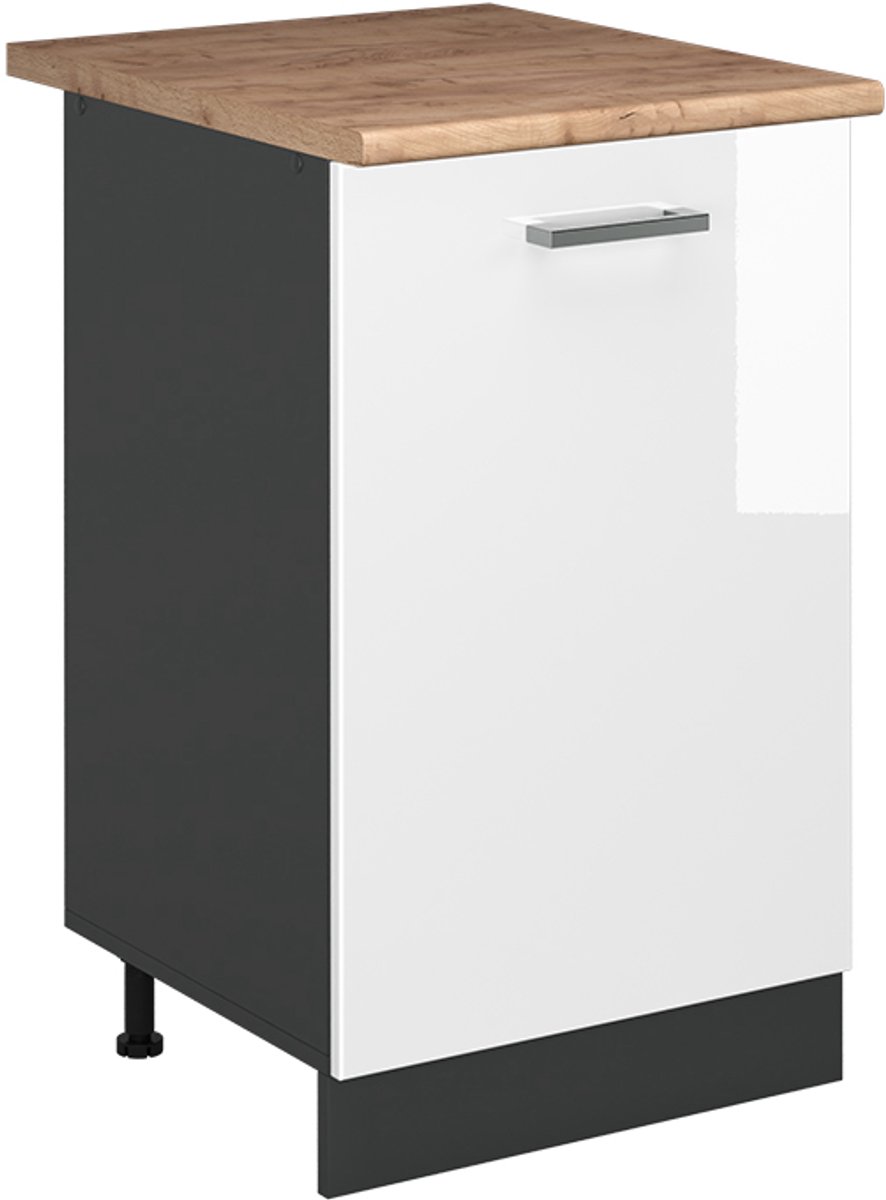 Vicco Keukenonderkast R-Line, Wit Hoogglans/Antraciet, 50 cm goudkleurig eiken werkblad