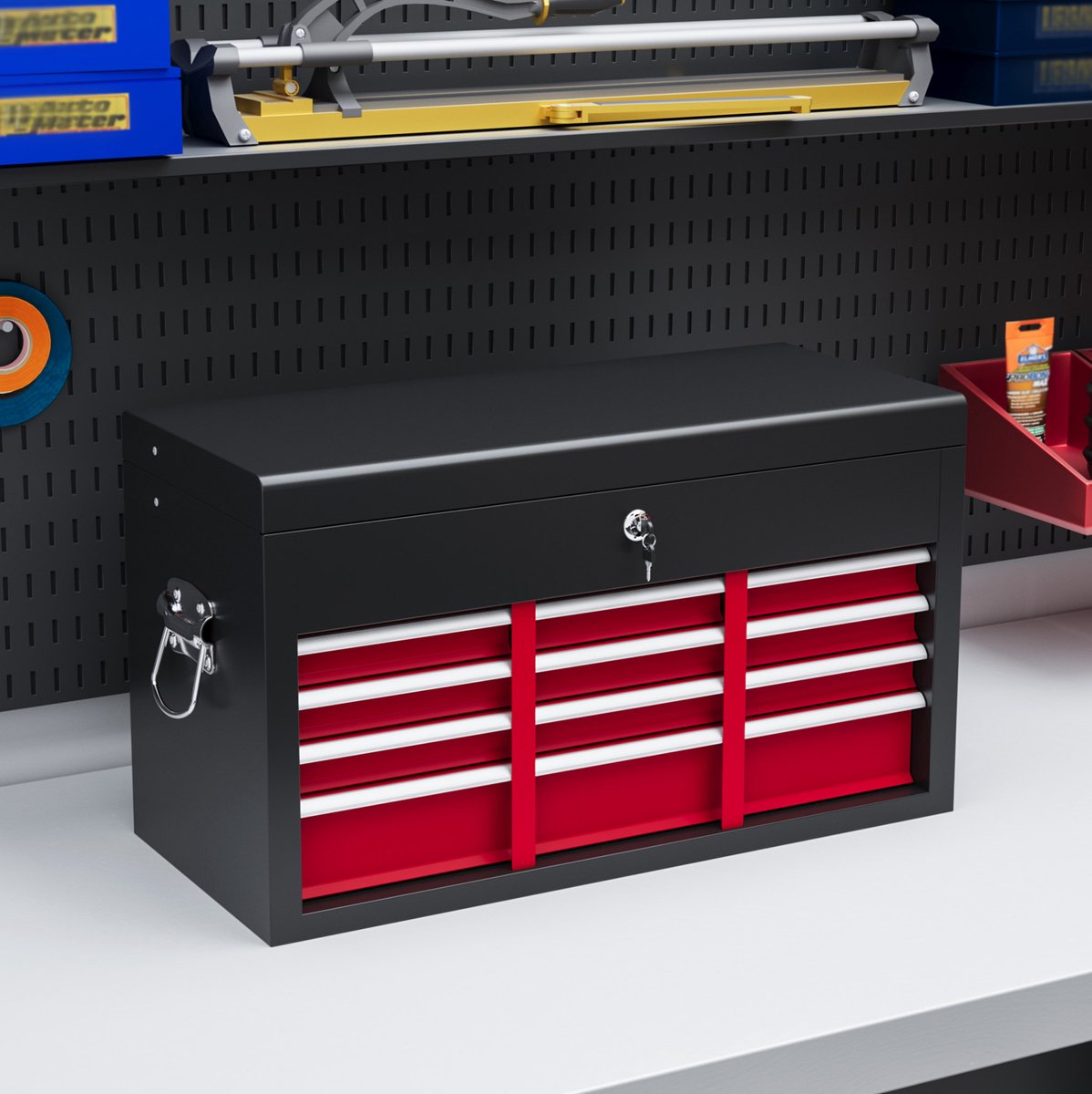 COVREO Gereedschapskoffer 60 x 26 x 34 cm zwart rood staal, 6 lades met slot