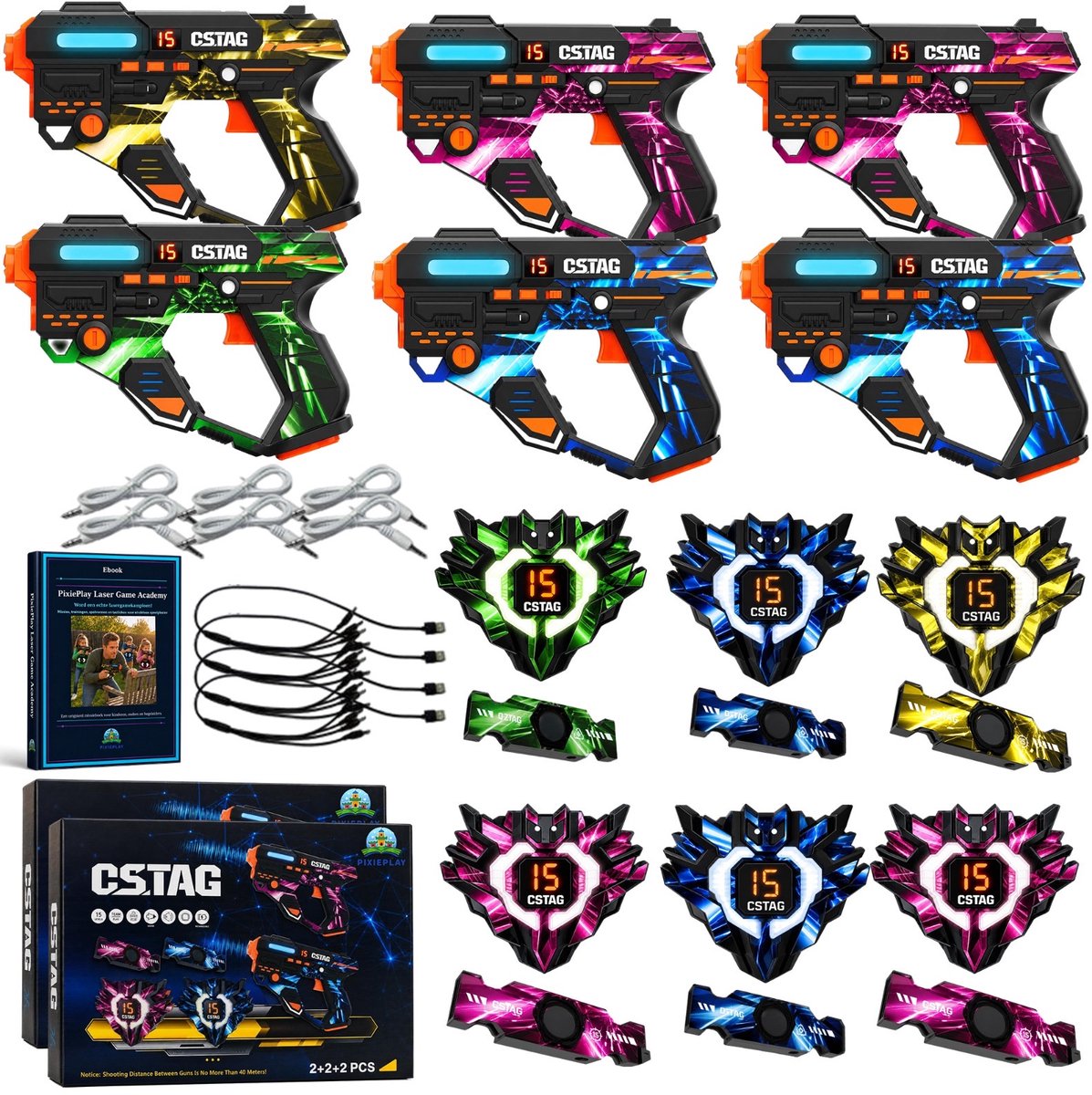 PixiePlay® Oplaadbare Lasergame set voor Kinderen - 360° sensoren - Volwassenen - Laserguns - 6 Persoons Laser Tag Set met 6 Blasters en Vesten - Incl. E-book - voor Binnen en Buiten